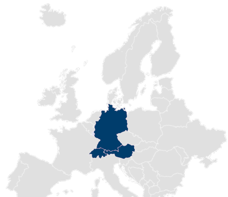 Europakarte mit hervorgehobenem Deutschland, Österreich und der Schweiz