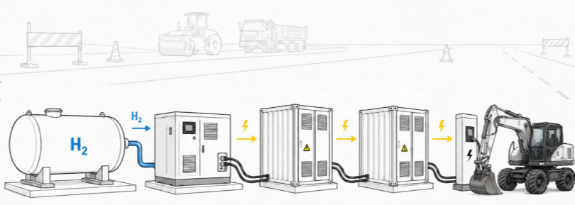 Illustration: Wasserstofftank, Stromgenerator, zwei Batteriespeicher-Container, Ladesäule und elektrischer Bagger auf einer Straßenbaustelle